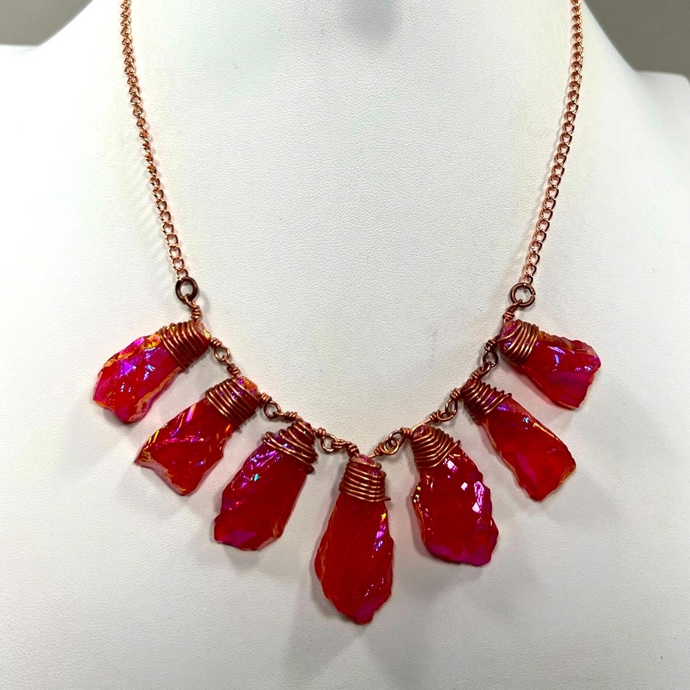 Pink Peach Titanium Drusy Copper Gemstone Necklace